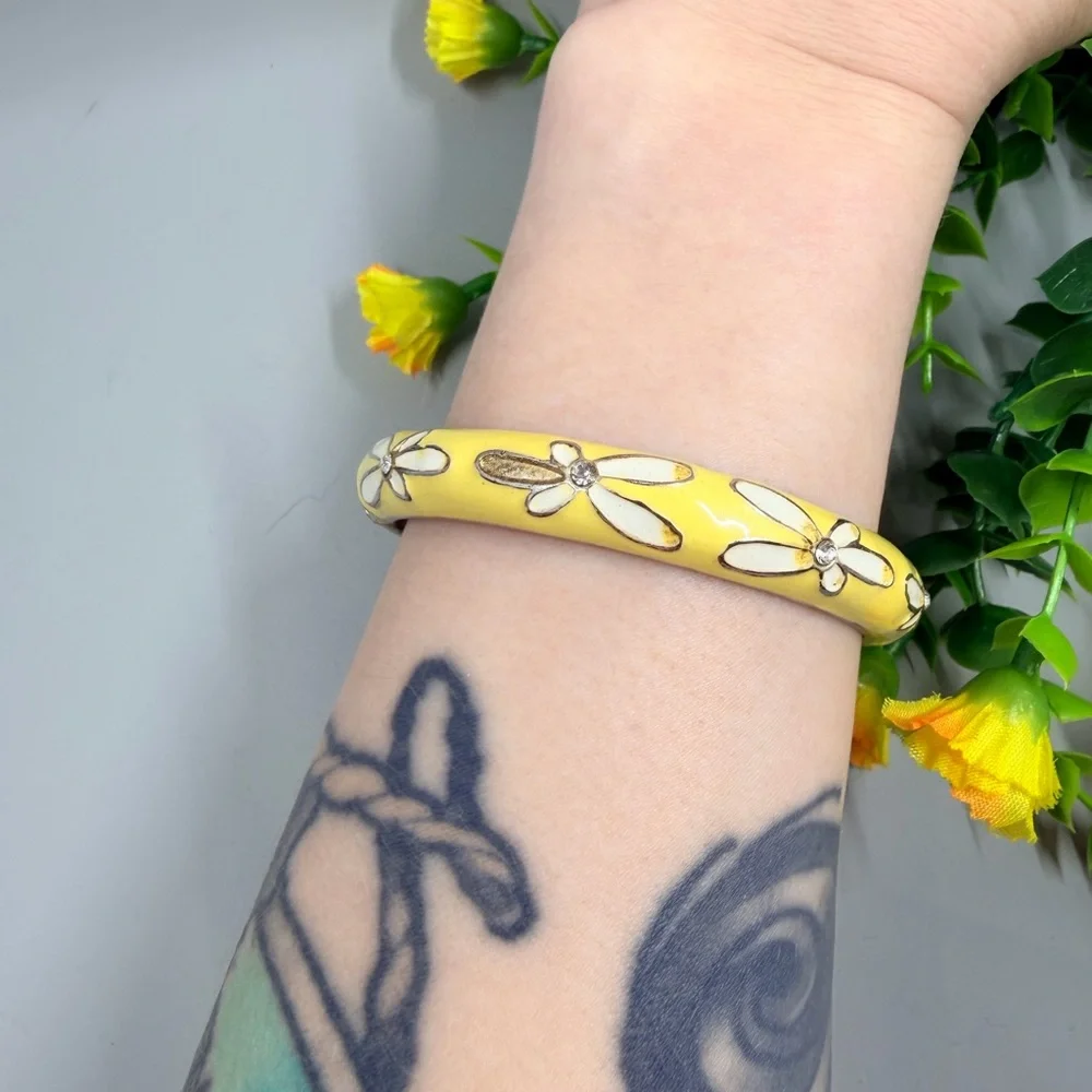 Yellow Floral Enamel Bangle Bracelet with Crystal Accents - Picture 4 of 5